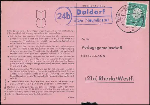 Landpost Daldorf über NEUMÜNSTER 24.10.1960 auf Bücherzettel nach Rheda/Westf.