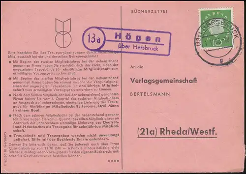 Landpost Högen über HERSBRUCK 1.11.1960 auf Bücherzettel nach Rheda/Westf.