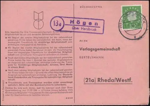 Landpost Högen über HERSBRUCK 1.11.1960 auf Bücherzettel nach Rheda/Westf.