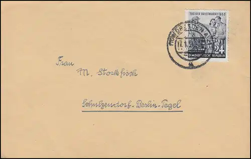396 Tag der Briefmarke 1953 als EF auf Brief DRESDEN 17.1.1954 nach Berlin-Tegel