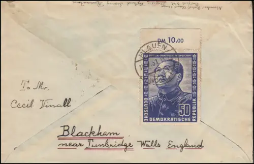 288 Dt.-Chines. Freundschaft mit Oberrand EF Brief PLAUEN 18.7.1951 nach England