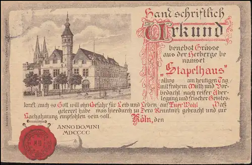 Ansichtskarte Köln Herberge Stapelhaus, CÖLN 29.12.1902 nach BERNCASTEL 29.12.02
