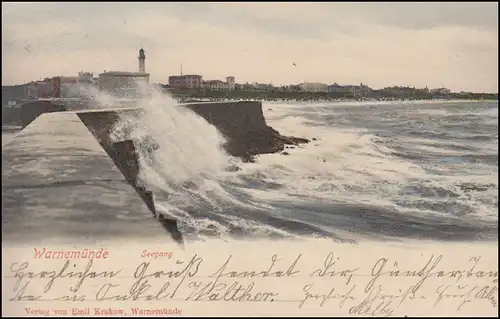 Ansichtskarte Warnemünde Seegang an der Mole 18.7.1902 nach BERLIN 19.7.02