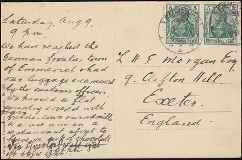 Carte de vue Emmerich am Rhein, EMMERICH 9.8.1913 vers l'Angleterre