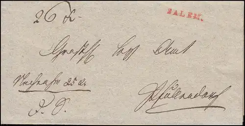 Baden Vorphilatelie Faltbrief roter Einzeiler SALEM geschrieben 4.8.1836