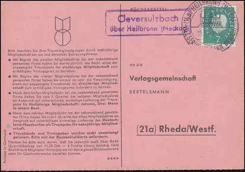 Landpost Cleversulzbach über Heilbronn auf Bücherzettel SSt HEILBRONN 19.10.1960