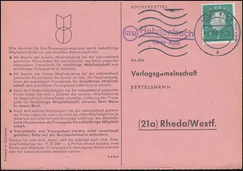 Landpost Hahnenbach sur KIRN 8.10.1960 sur les livres de Rheda/Westf.