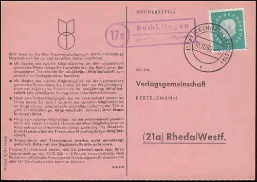 Landpost Buchklingen über WEINHEIM (BERGSTR) 10.10.60 Bücherzettel nach Rheda