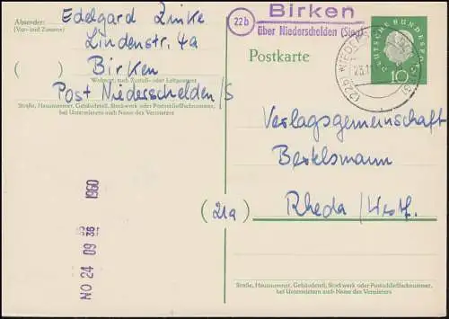 Landpost Birken sur les NEERSCHELTEN (SIEG) 23.11.1960 sur carte postale après Rheda