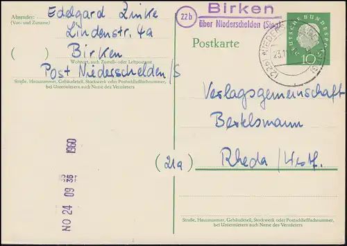 Landpost Birken über NIEDERSCHELTEN (SIEG) 23.11.1960 auf Postkarte nach Rheda