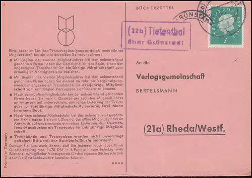 Landpost Tiefenthal über GRÜNSTADT 19.10.1960 auf Bücherzettel nach Rheda/Westf.