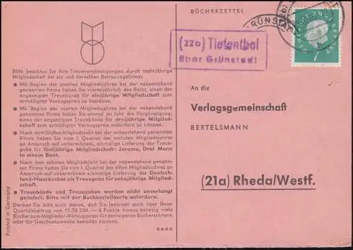 Landpost Tiefenthal über GRÜNSTADT 19.10.1960 auf Bücherzettel nach Rheda/Westf.