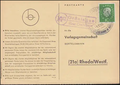 Landpost Gröningen über Crailsheim auf Postkarte SSt CRAILSHEIM 1.12.1960