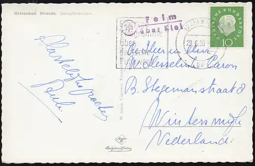 Landpost Felm über KIEL 29.6.1959, Ansichtskarte Ostseebad Strande Dampferbrücke