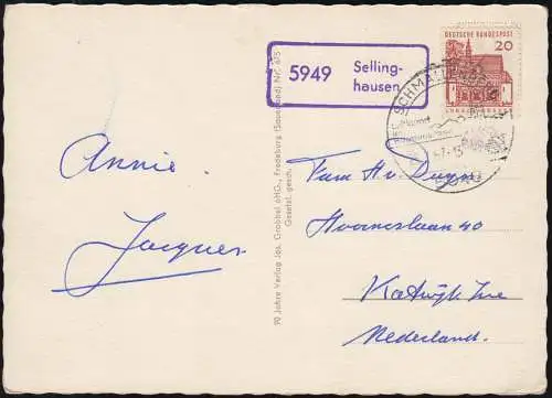 Pays post 5949 Sellinghausen sur AK Belle Sauerland SSt SCHMALLENBERG 25.7.67