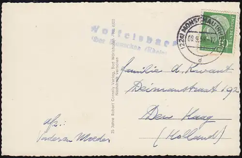 Landpost Woffelsbach über MONSCHAU 9.9.1958 auf passender AK Burg Vogelsang