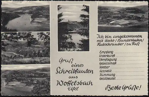 Landpost Woffelsbach über MONSCHAU 9.9.1958 auf passender AK Burg Vogelsang