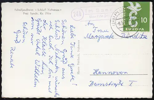 Landpost Im Sande über PLÖN (HOLST) 8.5.1959 auf Ansichtskarte nach Hannover
