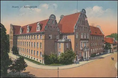 Ansichtskarte Moers Amtsgericht, Stempel Belgische Militärbesetzung 19.4.1924