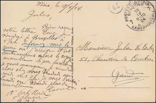Carte postale du tribunal de district de Moers, cachet du siège militaire belge 19.4.1924