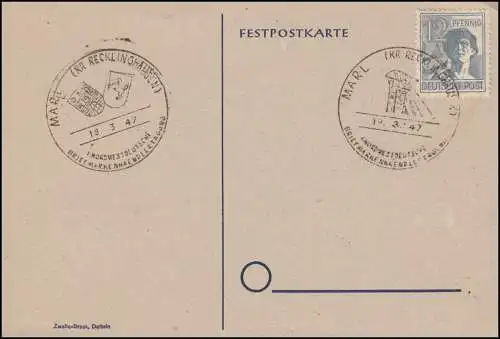 Carte postale spéciale MARL 1er congrès des marchands de timbres du nord-ouest de l'Allemagne 18-19.3.1947