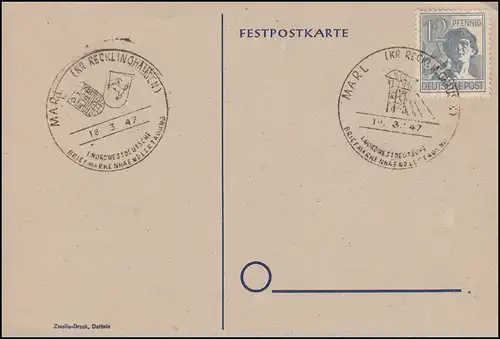 Carte postale spéciale MARL 1er congrès des marchands de timbres du nord-ouest de l'Allemagne 18-19.3.1947