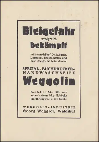 Firma Weggolin: Buchbinder-Handwaschseife gegen Bleigefahr, WALDSHUT 27.11.28
