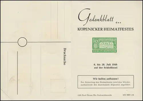 Gedenkblatt des Köpenicker Heimatfestes 1946 mit zwei Sonderstempeln 1945/1946