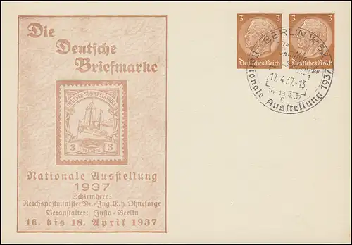 PP 134 Briefmarkenausstellung DSWA Schiff 1937, passender SSt BERLIN 17.4.37