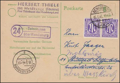 Landpost Tetenhusen über RENDSBURG LAND 15.5.1946 auf Postkarte P 783