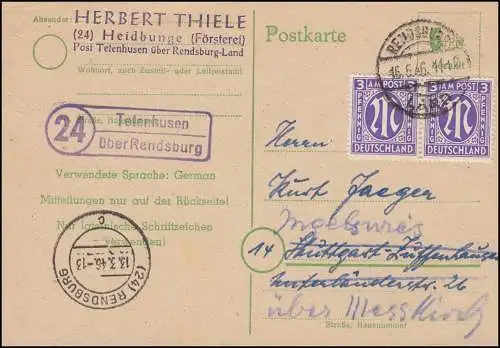 Landpost Tetenhusen über RENDSBURG LAND 15.5.1946 auf Postkarte P 783