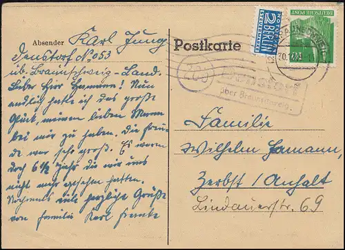 Landpost Denstorf über BRAUNSCHWEIG 30.12.1949 auf Postkarte nach Zerbst/Anhalt