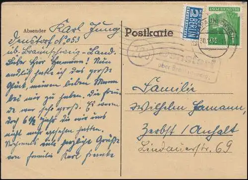 Landpost Denstorf über BRAUNSCHWEIG 30.12.1949 auf Postkarte nach Zerbst/Anhalt