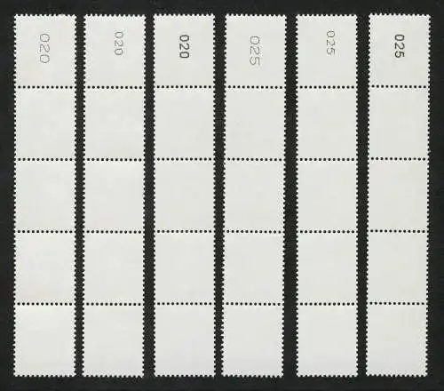 2964 Drei Cent je ein 5er-Streifen mit Nr. Type I / II / III gerade + ungerade