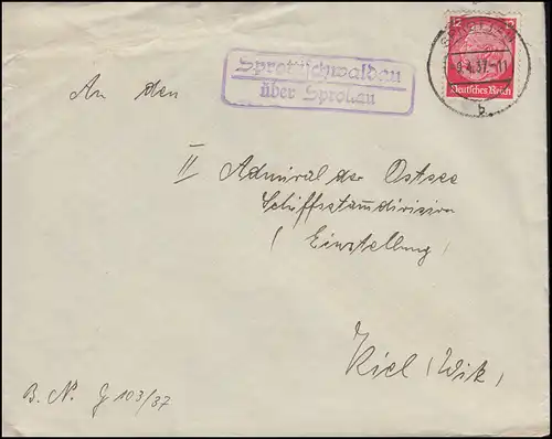 Landpost Sprottischwaldau sur SPROTTAU 9.4.1937 sur lettre à Kiel-Wik