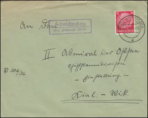 Landpost Schwichtenberg über FRIEDLAND (MECKL.) 27.3.37 auf Brief nach Kiel-Wik