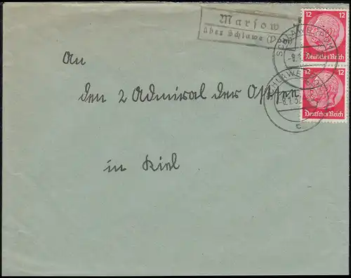 Landpost Marsow über SCHLAWE (POMMERN) 8.1.1937 auf Brief nach Kiel-Wik