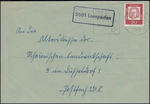 Landpost 5501 Lampaden auf Brief TRIER 14.12.1963 nach Düsseldorf