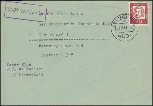 Landpost 5509 Waldweiler auf Brief HERMESKEIL 31.10.63 nach Düsseldorf