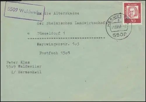 Landpost 5509 Waldweiler auf Brief HERMESKEIL 31.10.63 nach Düsseldorf