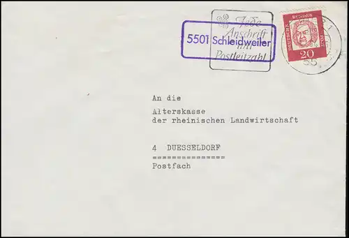 Landpost 5501 Schleidweiler auf Bf TRIER 9.1.64 an die Alterskasse in Düsseldorf