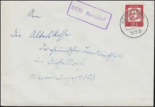 Landpost 5531 Berndorf sur lettre GEROLSTEIN 16.11.1963 à Düsseldorf