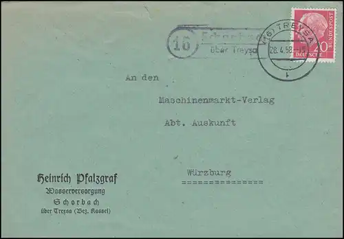 Landpost Schorbach über TREYSA 28.4.1958 auf Brief von der Wasserversorgung