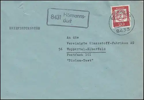Landpost 8431 Hörmannsdorf auf Briefdrucksache PARSBERG 22.4.1963 nach Wuppertal