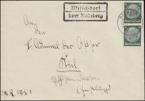 Landpost Wilschdorf über RADEBERG 31.5.1937 auf Brief nach Kiel-Wik