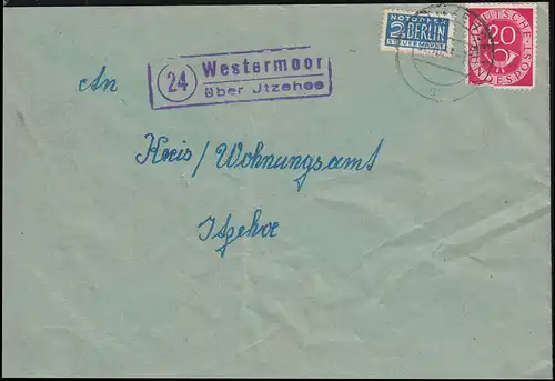Landpost Westermoor über ITZEHOE 26.10.1953, Brief an das Wohnungamt in Itzehoe