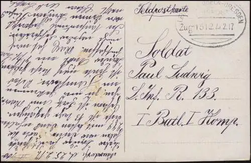 Bahnpost LEIPZIG - DÖBELN - DRESDEN ZUG 1512 - 25.2.1917, Feldpost Ansichtskarte