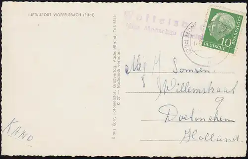 Landpost Woffelsbach über MONSCHAU 17.8.1962 auf passender Ansichtskarte