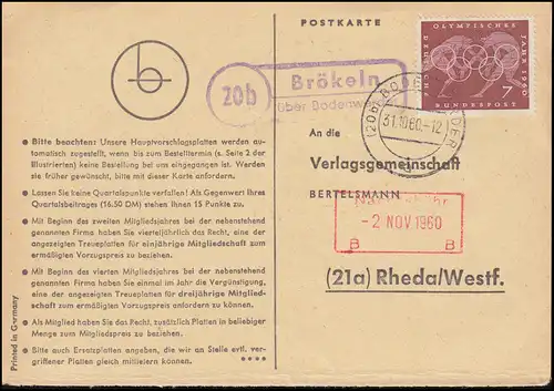 Landpost Brückeln sur BODENWERDER 31.10.1960 sur carte postale vers Rheda/Westf.
