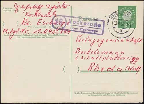 Landpost Vockerode sur ESCHWEGE 3.12.1960 sur carte postale vers Rheda/Westf.